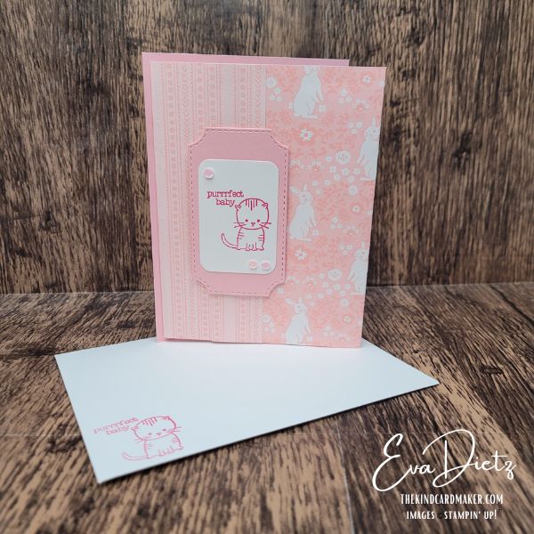 Easy baby card fun fold in pink with kitty image and layered designer series paper