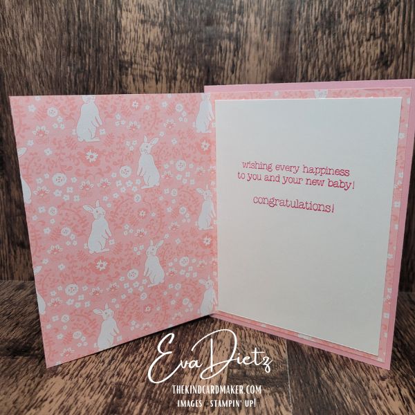 Handmade baby card fun fold opened to reveal inside sentiment and layered design