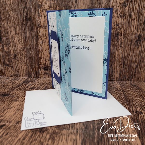 Easy baby card fun fold with dimensional tag and decorative embellishments