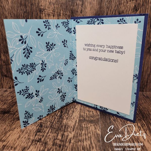 Handmade baby card fun fold opened to reveal inside sentiment and layered design