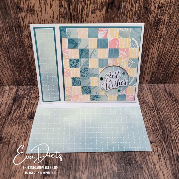 Bargello technique card makes this Best Wishes book bind fun fold in soft teal and pastel tones