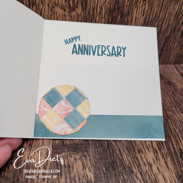 Inside view of Best Wishes handmade card using bargello technique and book bind fun fold in soft teal and pastel tones