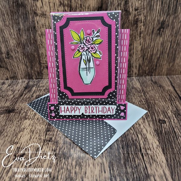 handmade easel card showing back side of decorated envelope