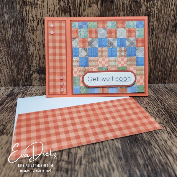 Get well soon handmade card using bargello technique with plaid paper and book bind fold