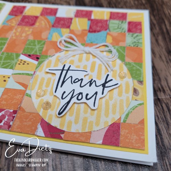 Close up view of Bright thank you card using bargello technique with citrus colors and book bind fold