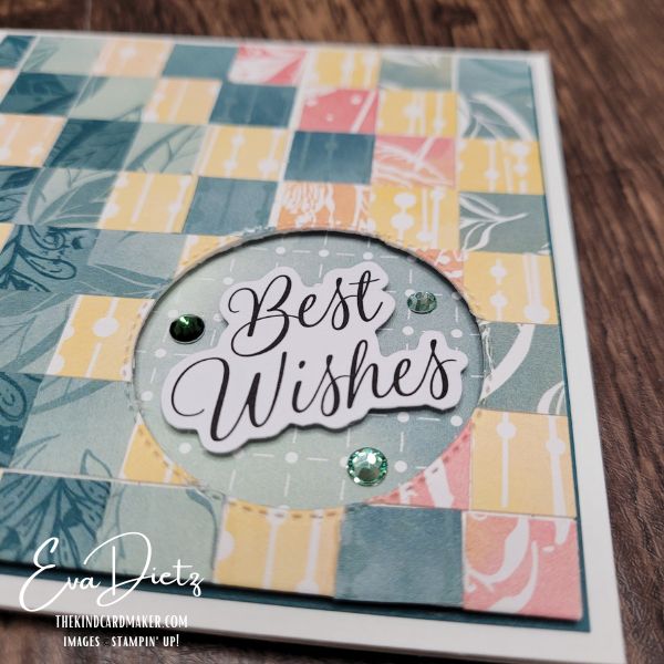Close up view of Best Wishes handmade card using bargello technique and book bind fun fold in soft teal and pastel tones