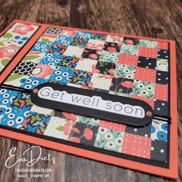 Close up view of Floral get well soon card featuring bargello technique and book bind fun fold design