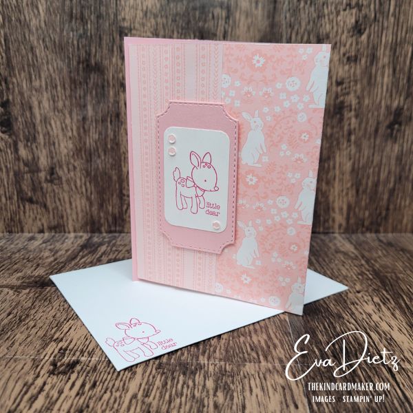 Easy baby card fun fold in pink with fawn image and layered designer series paper