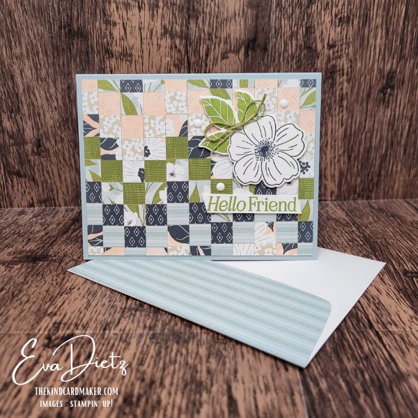 Front view of Hello Friend card using the bargello technique and Lovely Blossoms DSP with a book bind fold