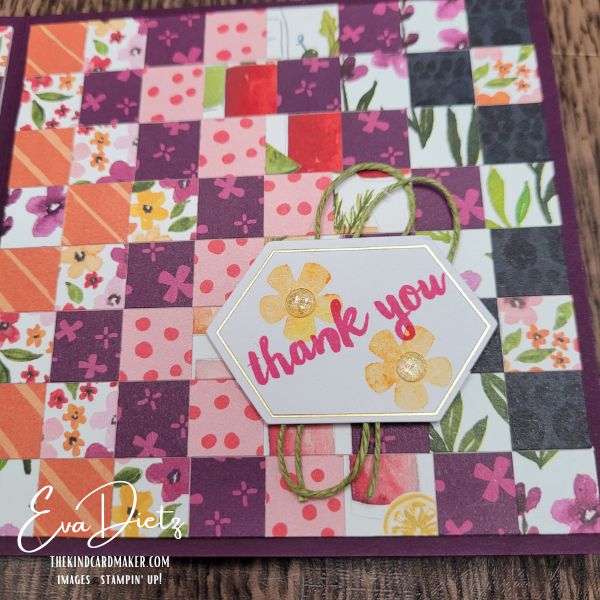 Close up view of Bright thank you card using bargello technique and Celebratory Sips DSP with a book bind fold