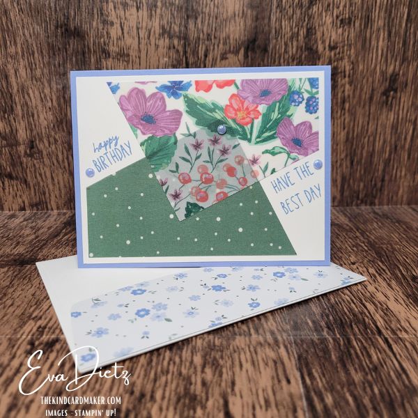 Handmade floral vellum cards featuring green patterned backgrounds and layered vellum angles.