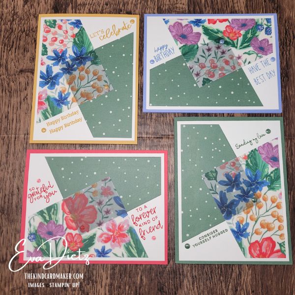 Four handmade floral greeting cards created with Berry Botanical vellum and Stampin’ Up! In Color cardstock.