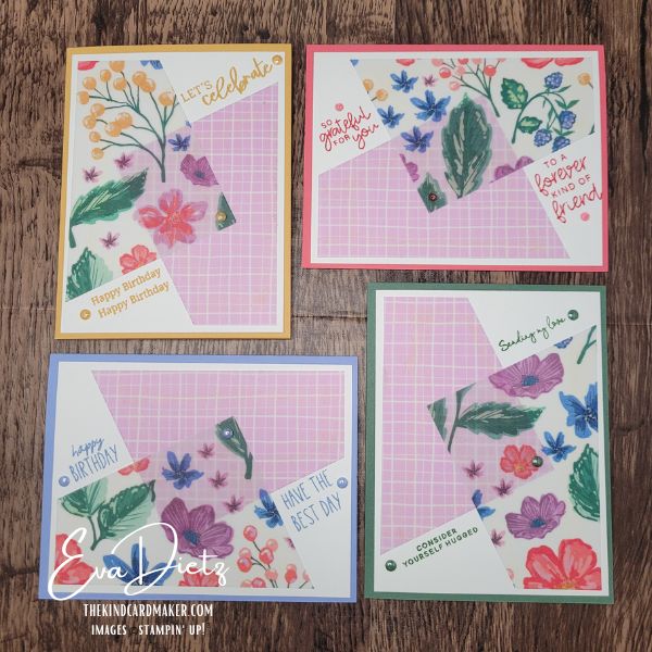 Four handmade floral greeting cards created with Berry Botanical vellum and Stampin’ Up! In Color cardstock.