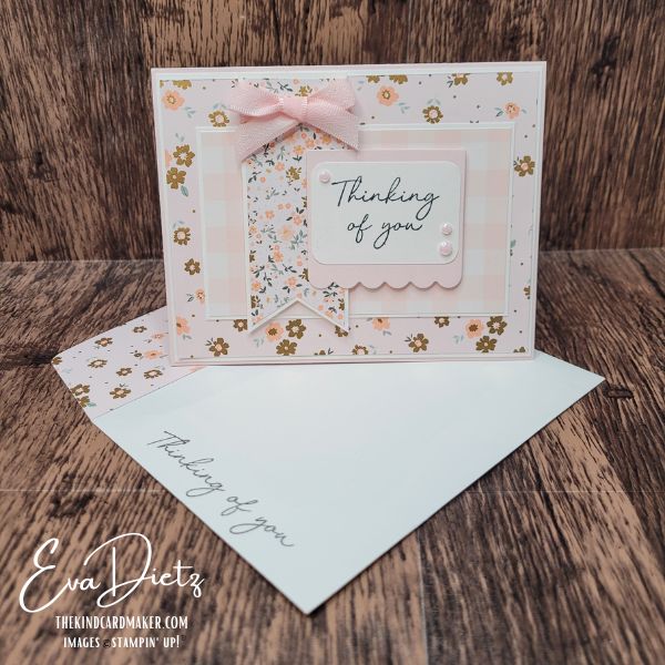Handmade Thinking of You card in Barely Blush featuring layered designer paper, ribbon bow, and scalloped sentiment tag.