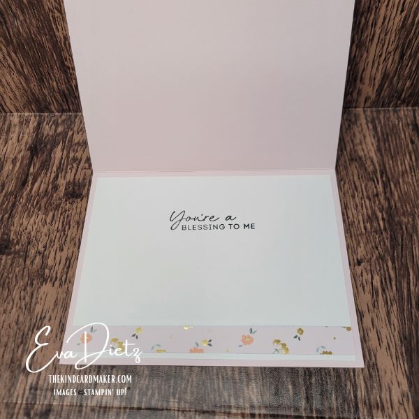 Inside view of Barely Blush Thinking of You card with coordinating designer paper border and stamped sentiment.