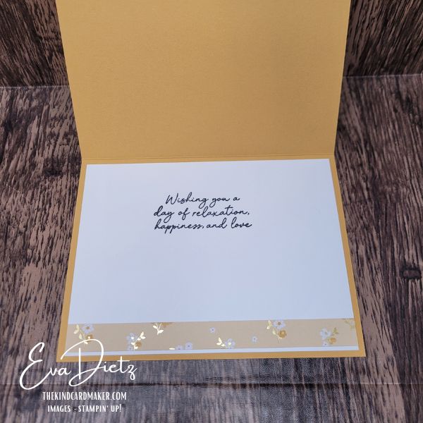 Inside view of Golden Glow Happy Birthday card with coordinating designer paper border and stamped sentiment.