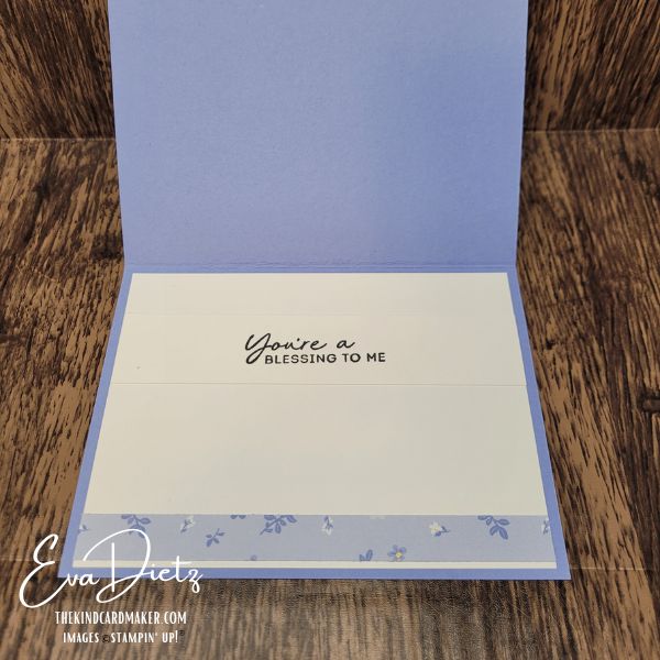 Inside view of Hydrangea Hue Thinking of You card with coordinating designer paper border and stamped sentiment.
