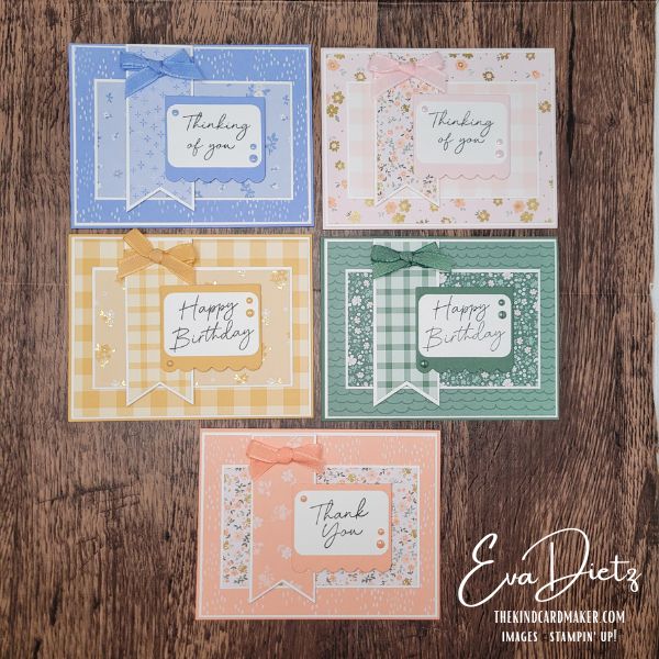 2026 In Color Card Set of Five handmade all-occasion cards featuring the 2026–2028 Stampin’ Up! In Colors with coordinating designer paper, ribbon bows, and matching envelopes.