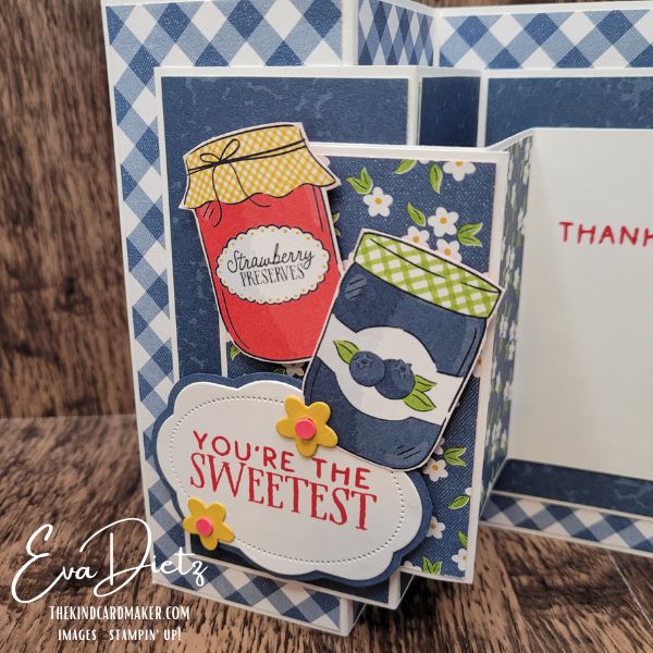 Close up of the front panel of the Triple Z Fold Card featuring Homemade Sweetness Designer Series Paper with strawberry preserves and blueberry jam jars on the front.