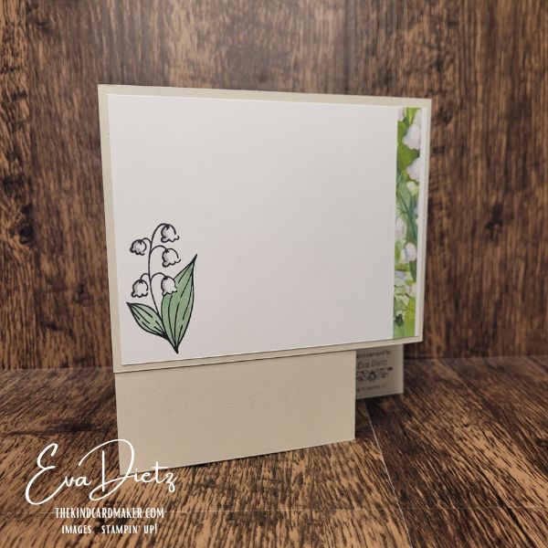 Back of Lily of the Valley Triple Z Fold card with writing panel and stamped floral image for a personal message.