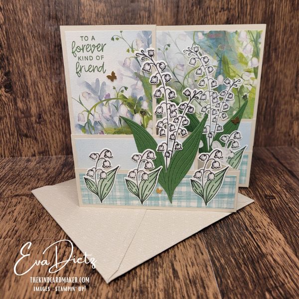 Lily of the Valley Triple Z Fold card displayed with a coordinating handmade custom envelope.